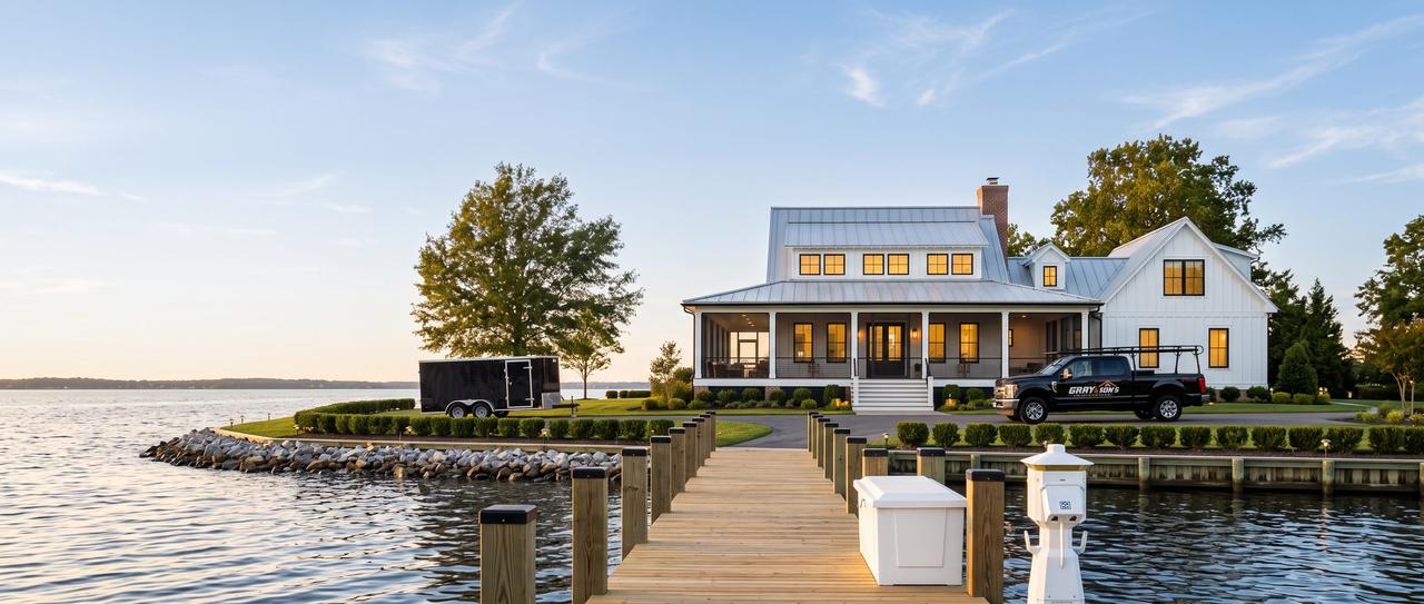 Waterfront farmhouse built by Gray & Sons Contracting in Southern Maryland, with the company truck and trailer on site